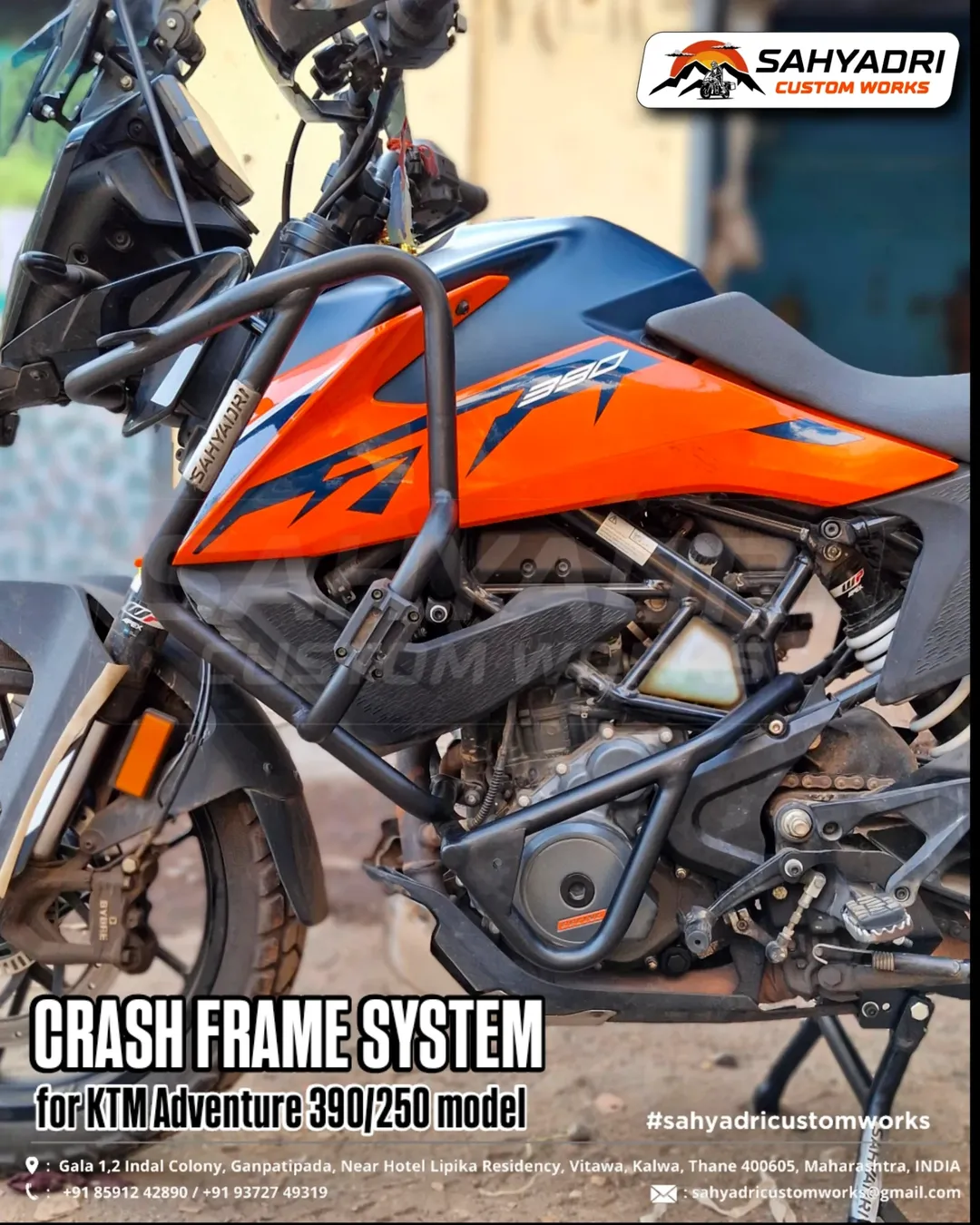 🔶 CRASH FRAME SYSTEM available for the KTM Adventure 390-250 model.• Multi point attach system