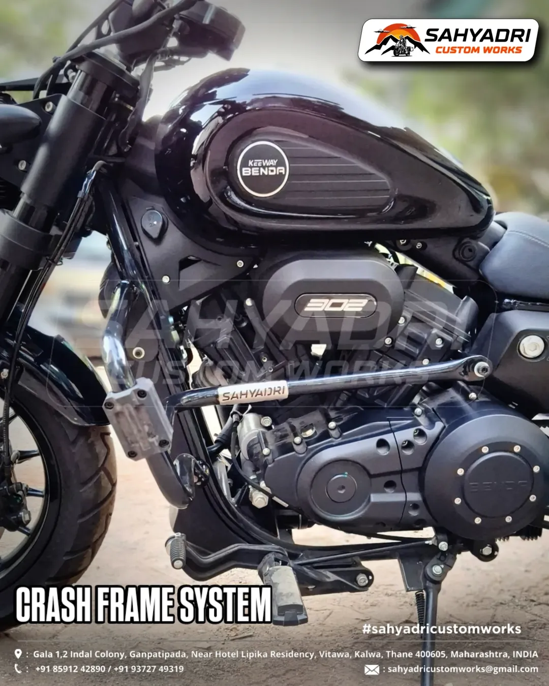 🔶 CRASH FRAME SYSTEM with sliders custom-designed for the Keeway Benda V302C model.📍SAHYADRI